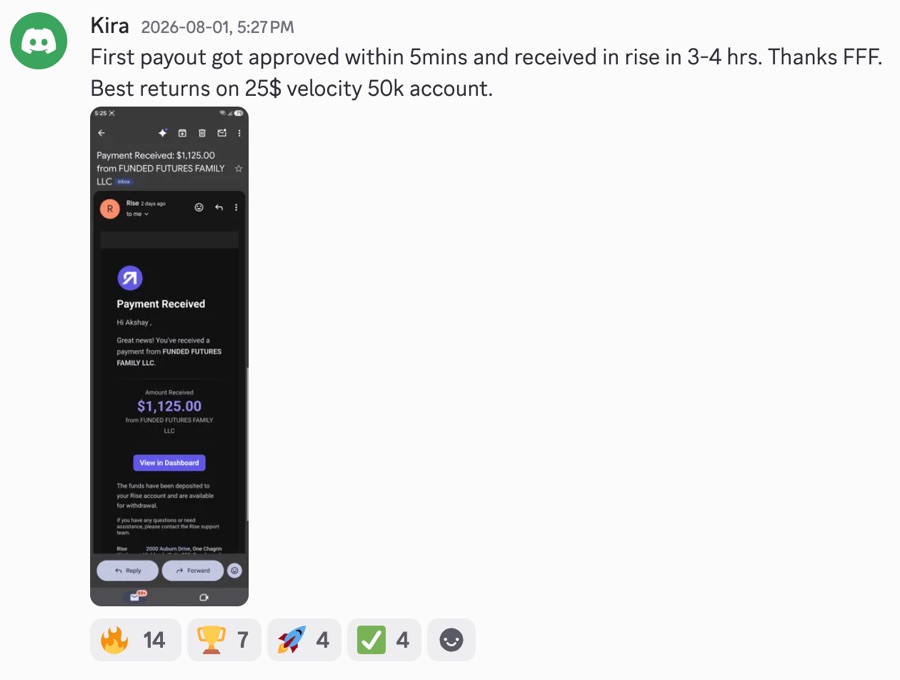 Discord payout proof: first Funded Futures Family payout of $1,125 on a Velocity 50K account, approved in 5 minutes and received in Rise within hours