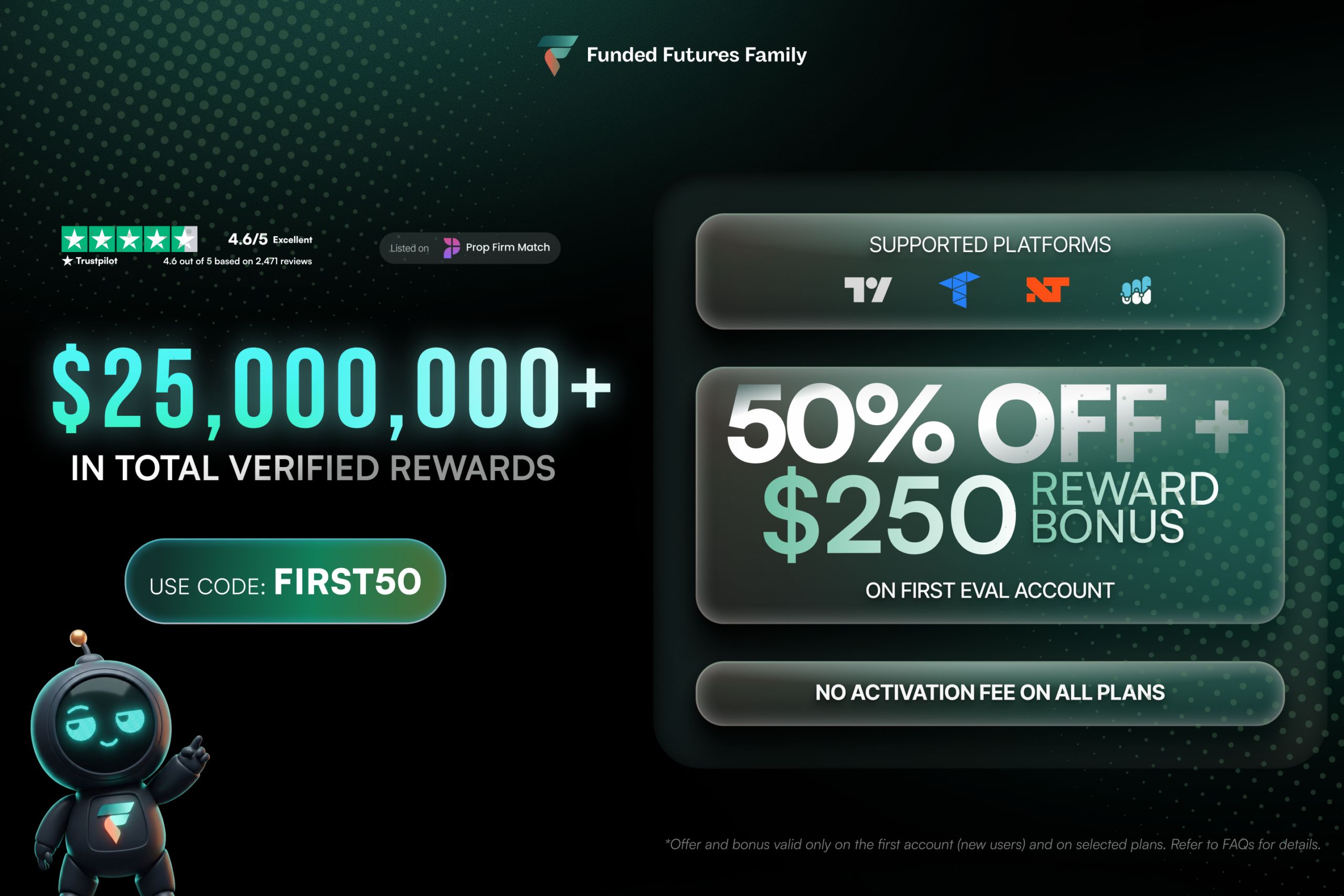 Funded Futures Family banner: $25,000,000+ in total verified rewards, Trustpilot 4.6 out of 5, 50% off plus a $250 reward bonus on your first eval account with code FIRST50, no activation fees on any plan