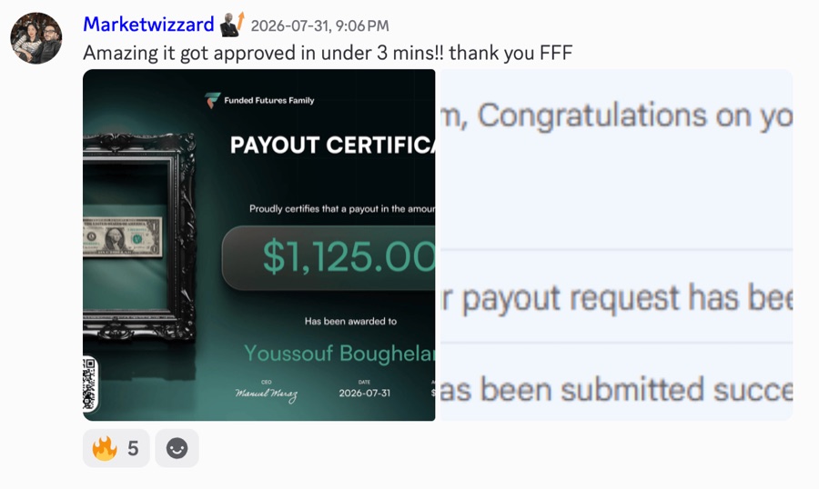 Funded Futures Family payout certificate for $1,125 with approval message, approved in under 3 minutes, July 2026