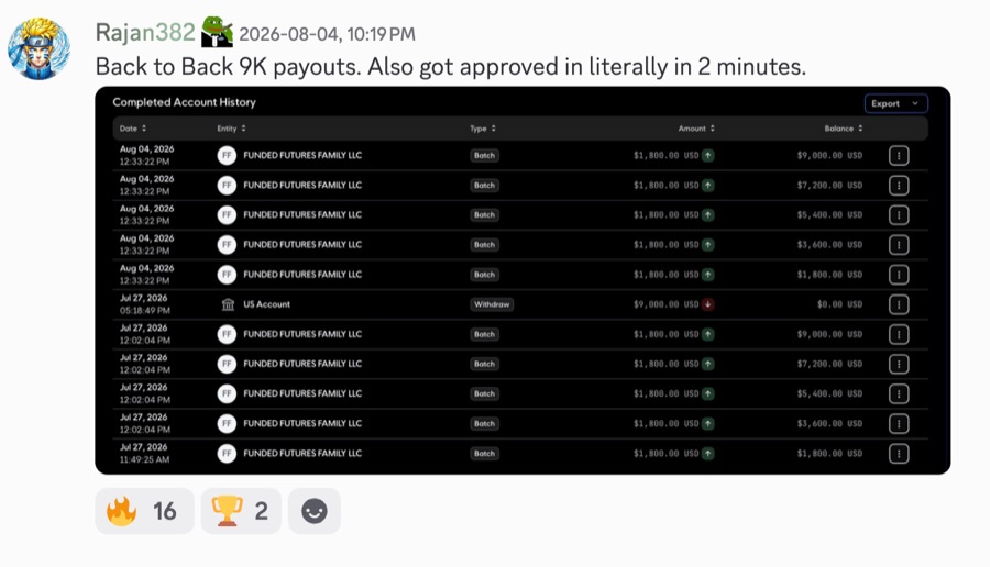Discord payout proof: back-to-back $9,000 Rise payout batches from Funded Futures Family with a completed bank withdrawal, approved in 2 minutes, August 2026