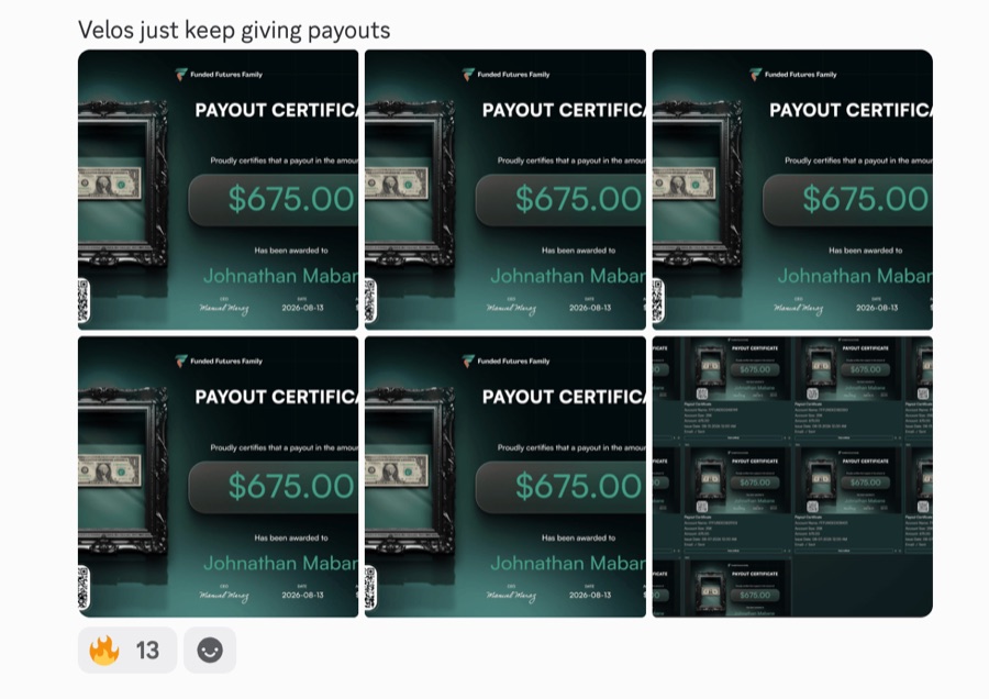 Six Funded Futures Family payout certificates of $675 each from Velocity accounts issued the same day, August 2026